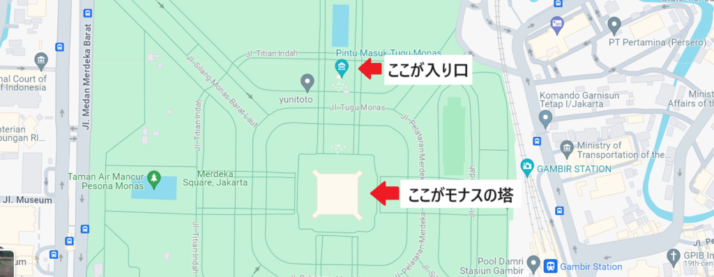 モナスの塔と入り口の位置（Google Mapより)